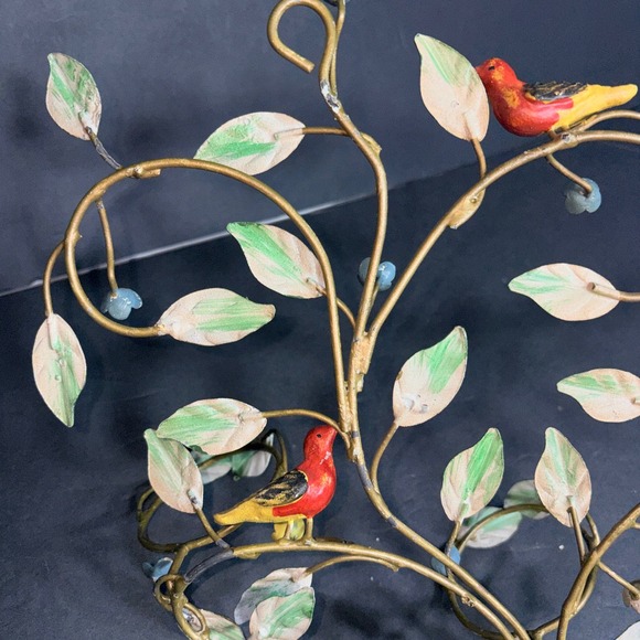 Vtg Toleware Birds on Branch Wall Art Candle Holders Red Songbirds Green Leaves - Picture 12 of 16